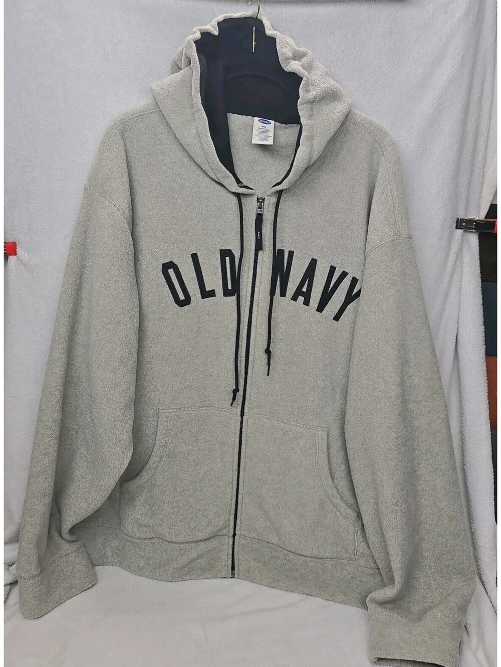 Y2K Old Navy Oversized Hoodie Mens 2XL Gray Logo Cotton Fleece Lined Full Zip